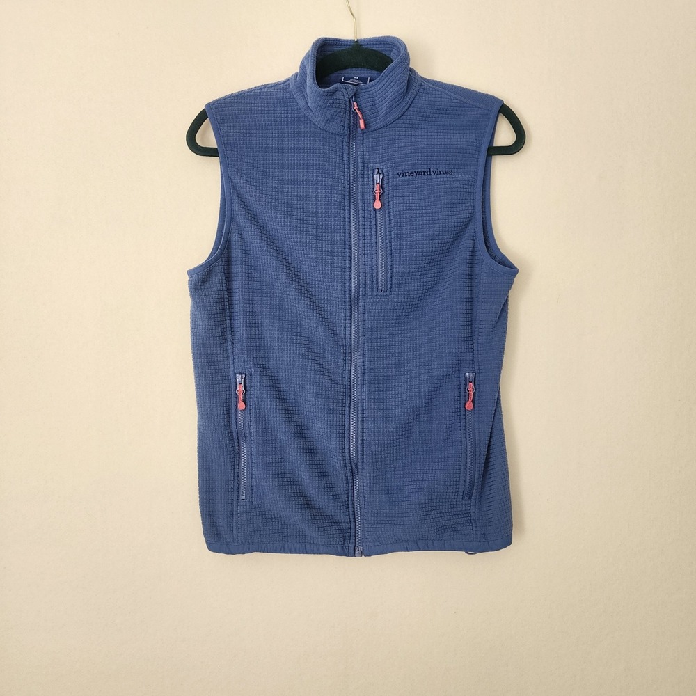 Vineyard Vines Womens XS Blue Grid Fleece Vest Full Zip American Flag Patch Logo